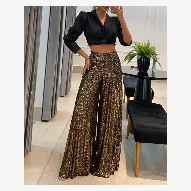 Shiny Dancing Women's Wide Leg Long Pants High Waist Skirt Fashionable Autumn  Commute Style Metal Mixed Fiber Polyester