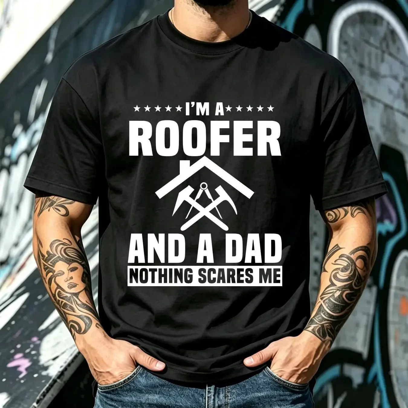 washed T Shirt I'm A Roofer And Dad Nothing Scares Me Cool Roof Mechanic Design For Father's Day Construction Roofing vintage