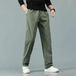 Business Casual Men Thin Cargo Pants Summer New Solid Elastic Waist Pockets Streetwear Fashion Loose Wide Leg Straight Trousers