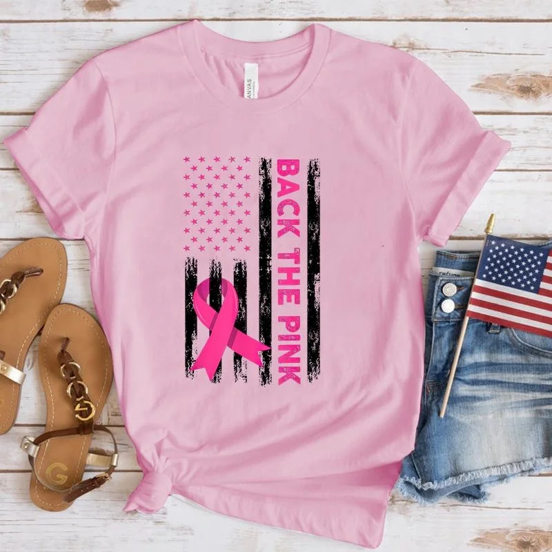 

New Breast Cancer Awareness Back The Pink Print T Shirt Women Summer Casual Short Sleeve Tee Cute Loose T Shirts