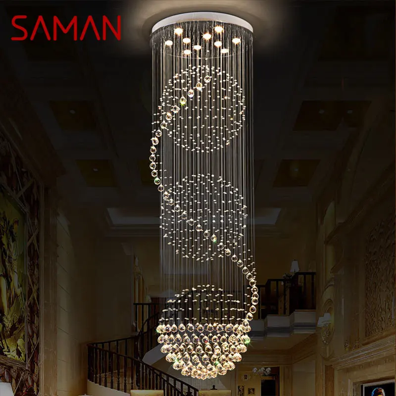 

SAMAN Modern Crystal Pendant Light LED Creative Luxury Chandelier Lamp for Home Living Room Villa Duplex Staircase Decor