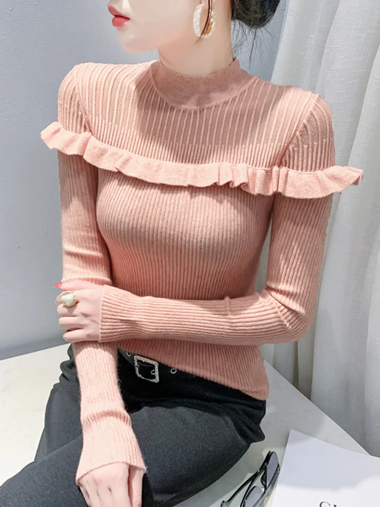 2025 Autumn/Winter New Mesh Splicing Ruffle Round Neck Knitted Bottom Shirt, Fit and Slim Women's Top