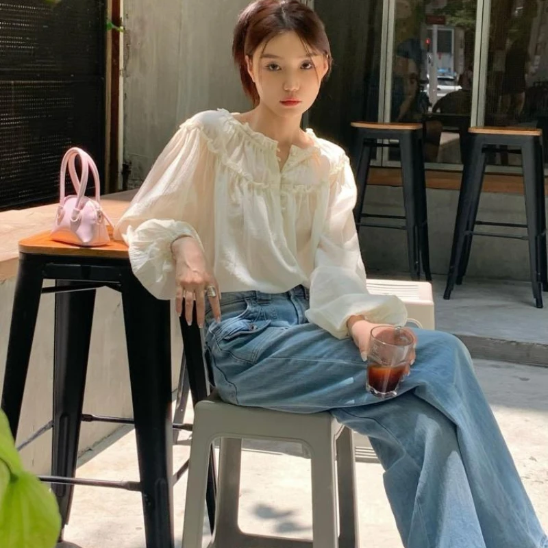 Puff Sleeve Blouses Women Design Fungus Side Button Sweet Girls College Simple All-match Solid Leisure Korean Fashion Cozy Daily