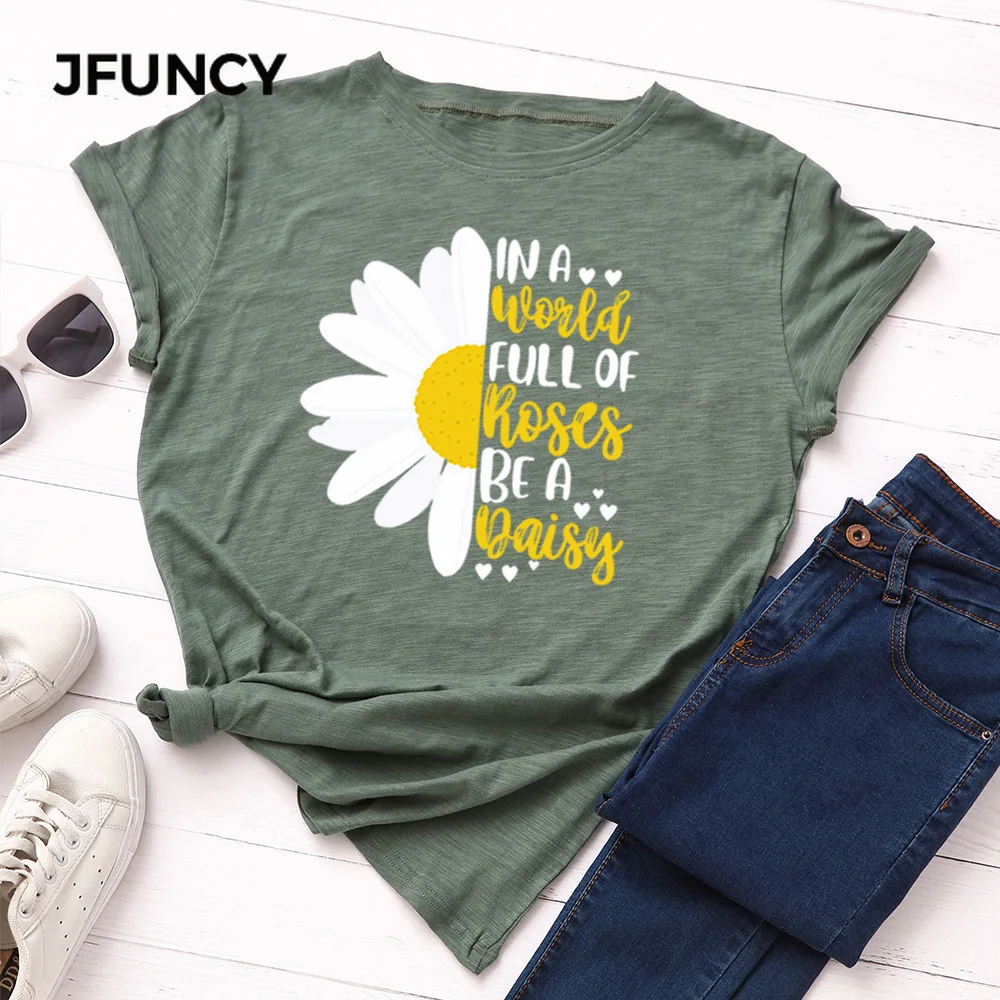 

JFUNCY Summer T-shirt Women Cotton T Shirt New Sunflower Printed Tshirt Short Sleeve Loose Woman Tops Female Tee Shirt