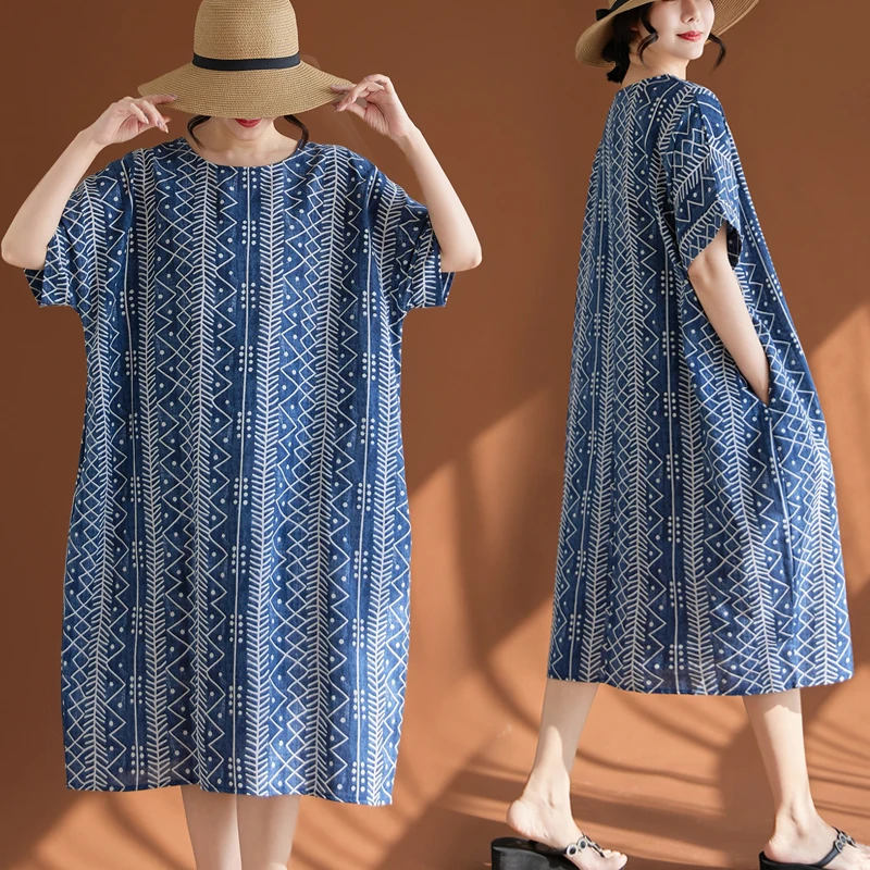 

Casual Cotton Linen Thin ort Sve Striped plus Size Women's Dr Fre Artistic White Ethnic Sle Leisure Dr