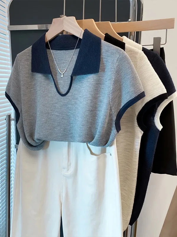 

Summer 2026 Women's Knitted Ice Silk Short Sleeve Turn-down Collar Small Shirt Casual Loose Fit Fashionable Korean Style Top