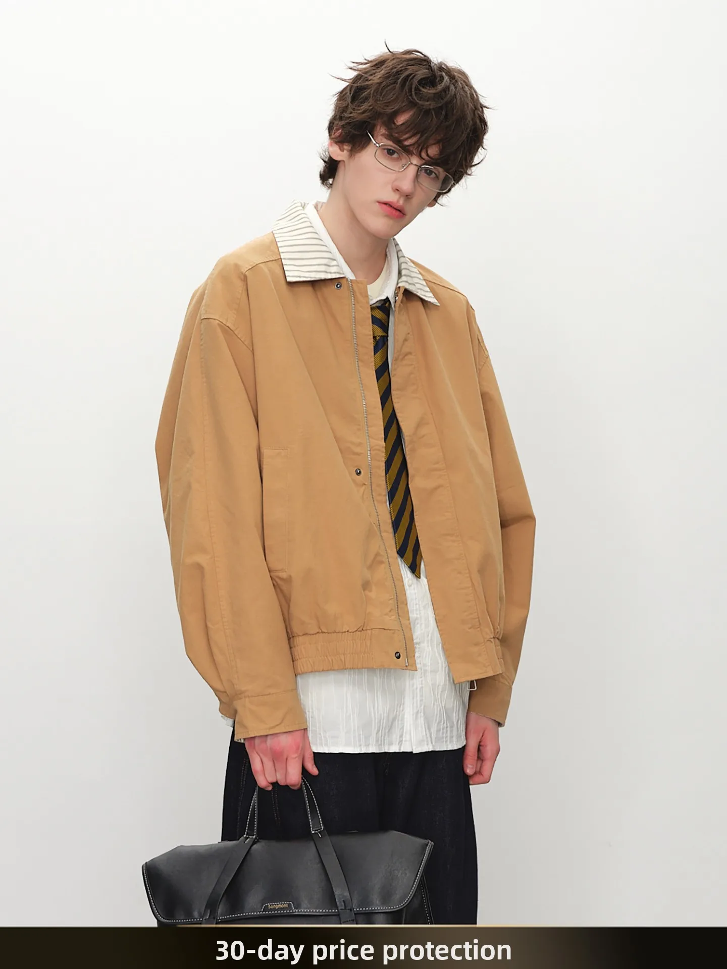 

American Retro mat Striped Splicing Work Jaet Loose Silhouette ort Pilot Coat Autumn Season ex Cotton Long Sle...