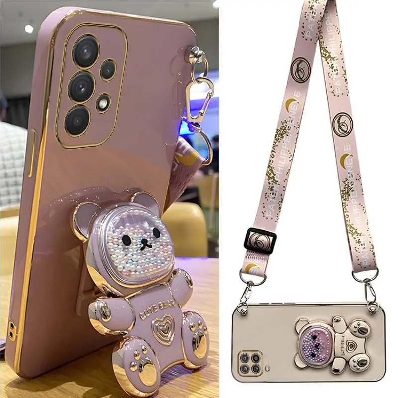 Quicksand Bear Holder Lanyard Phone Case For Samsung Galaxy A32 4G 5G A10 A21S A20S A10 A12 A13 A14 A750 A23 Strap Stand Cover