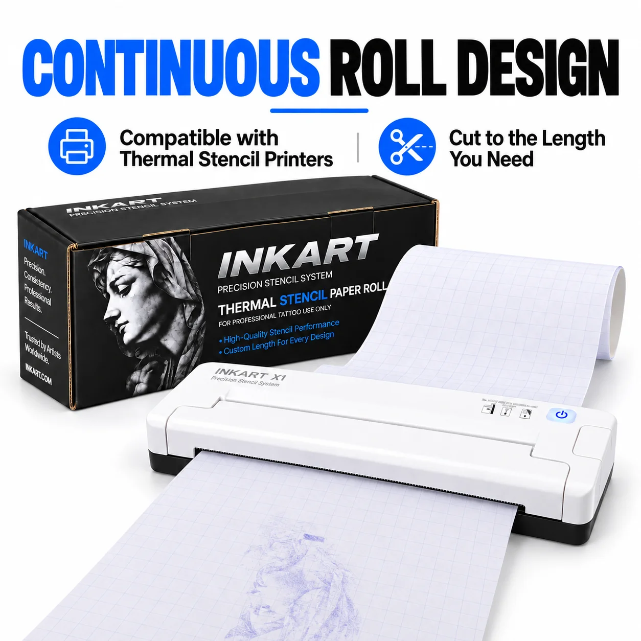 INKART Tattoo Stencil Paper Roll 30 Meters - Heat Transfer Paper for Tattoo Printers & Copiers, High-Quality Carbon Stencil Roll