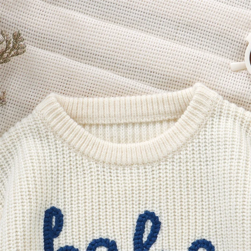 Toddler Baby Girl Boy Sweater Embroidered Crew Neck Knit Shirts Pullover Warm Winter Fall Clothes Knitted Sweaters