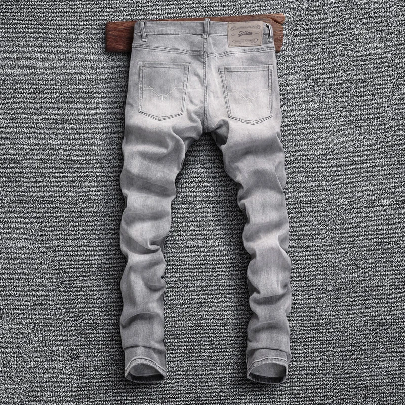 Fashion Designer Men Jeans Retro Gray Elastic Stretch Slim Jeans Men Trousers High Quality European Vintage Denim Pants Hombre