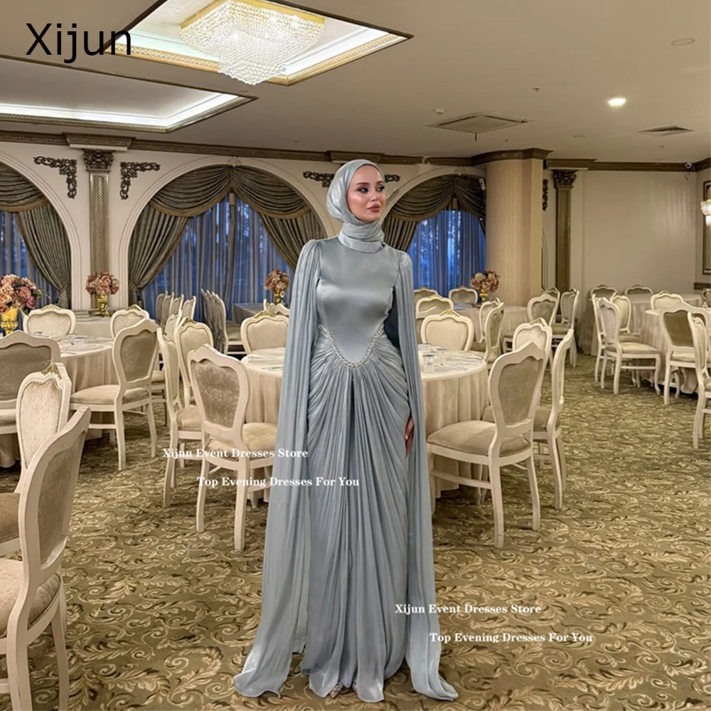 

Xijun Modest Silk Satin Evening Dresses Long Cape Sleeves High Collar Muslim Prom Dresses Luxury Dubai Prom Gowns Customized
