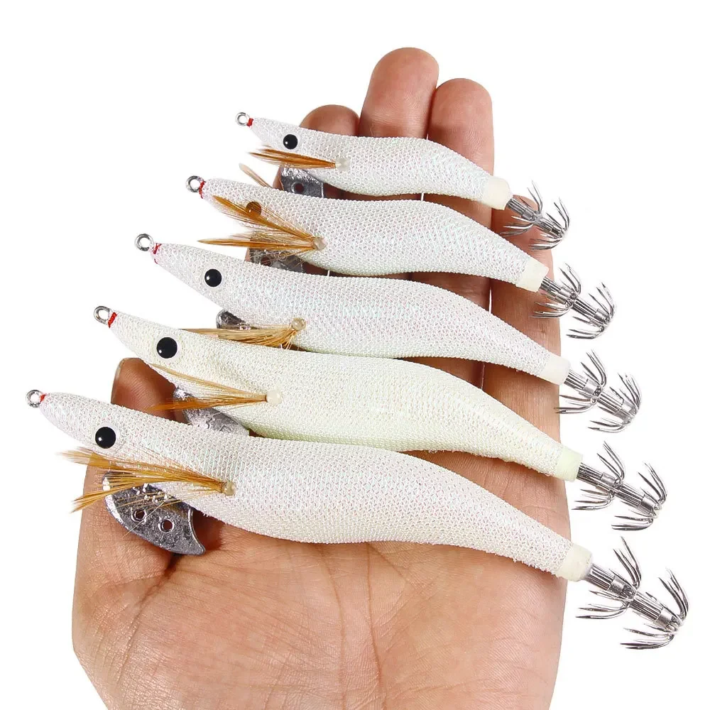 Fishing Lure Shrimp White Luminous Wooden Jig Fake Bait Boxed Hard Bait Sea Fishing Squid Octopus Cuttlefish Hook Rig Japan