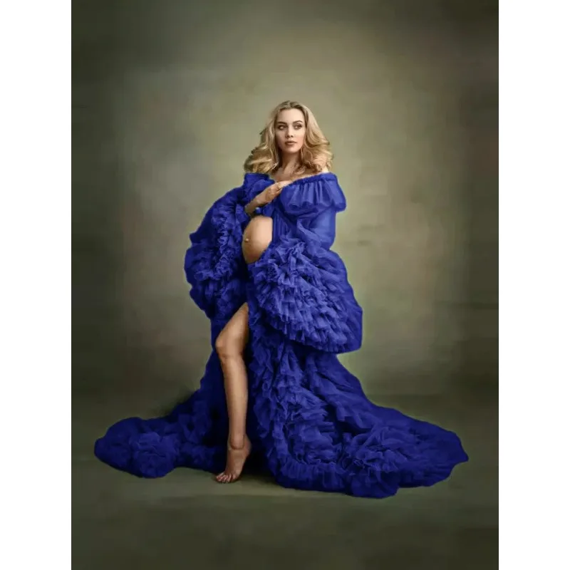 맞춤형 임부복 사진 촬영 드레스, 자수 튤 가운, 트레인 포토그래피 로브 (임산부용)