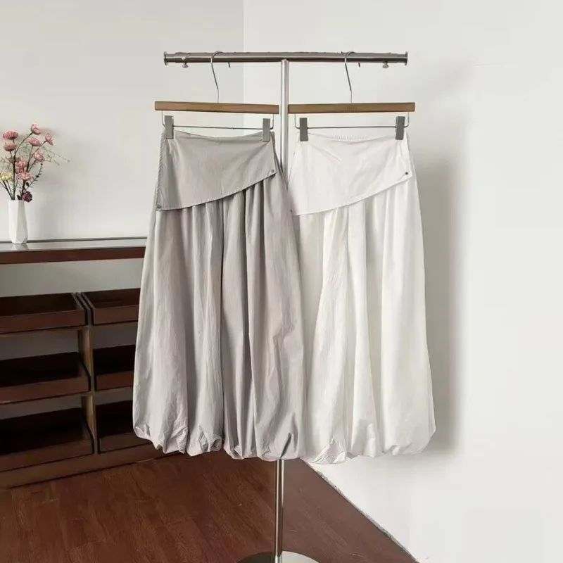 New Summer Casual Pants Women Elastic Waist Splice Lined Solid Draped Gray Lantern Trousers Solid Color Fake Two Piece