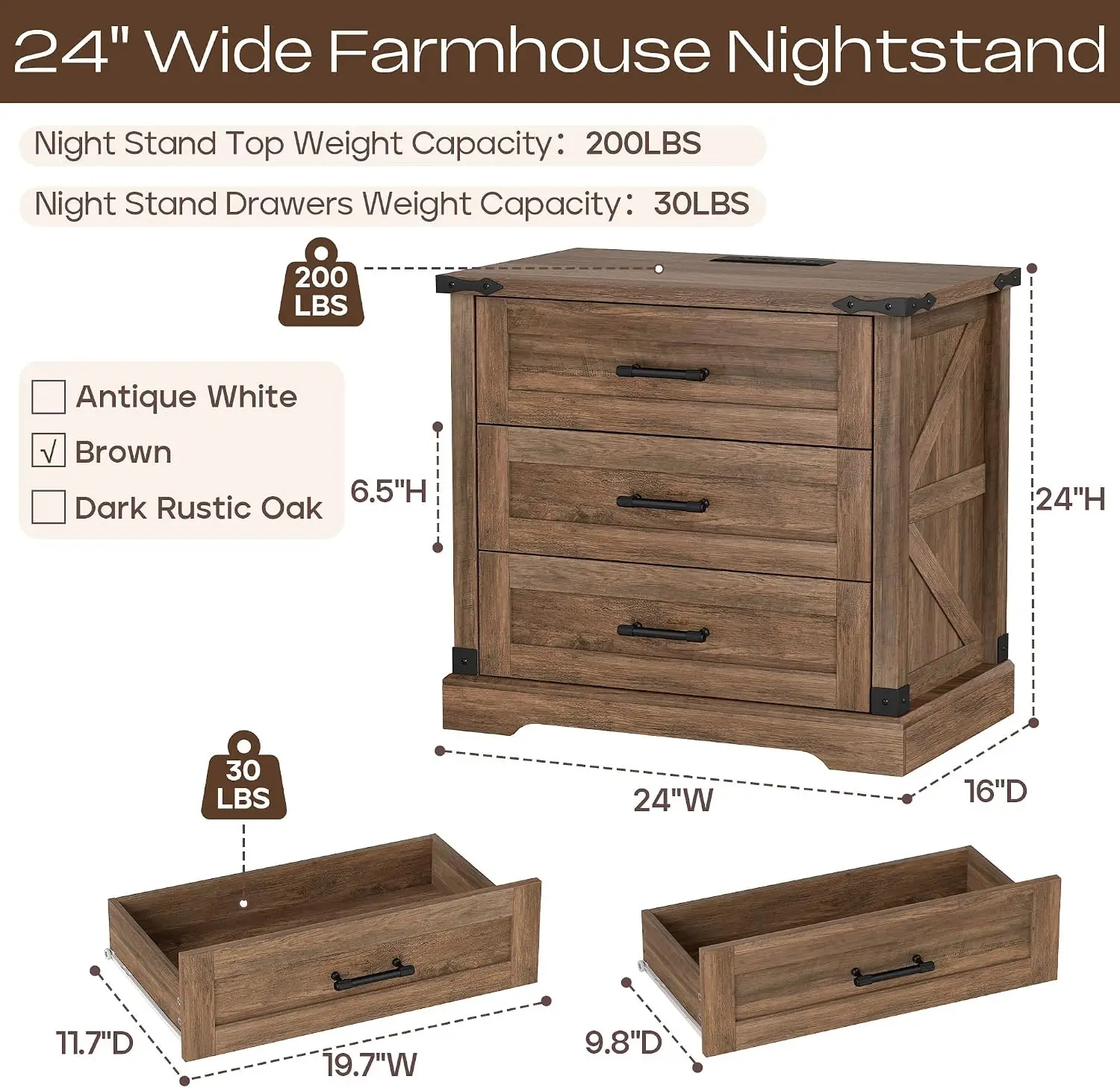 Farmhouse Nightstands Set of 2 with Charging Station, Rustic Brown