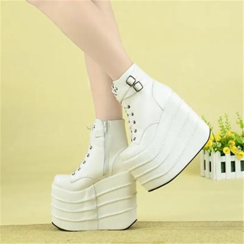 Size 35-41 Botas Mujer Plataforma Winter Womens Boots Punk Style White Wedge High Heel Boots Lace Up Wedge Platform Boots