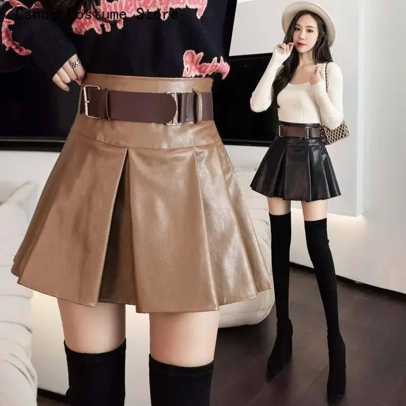 

New Black A Line Mini Skirts Free Belt Autumn Winter Leather Skirt Women With Lining Korean Fashion Style High Waist Khaki