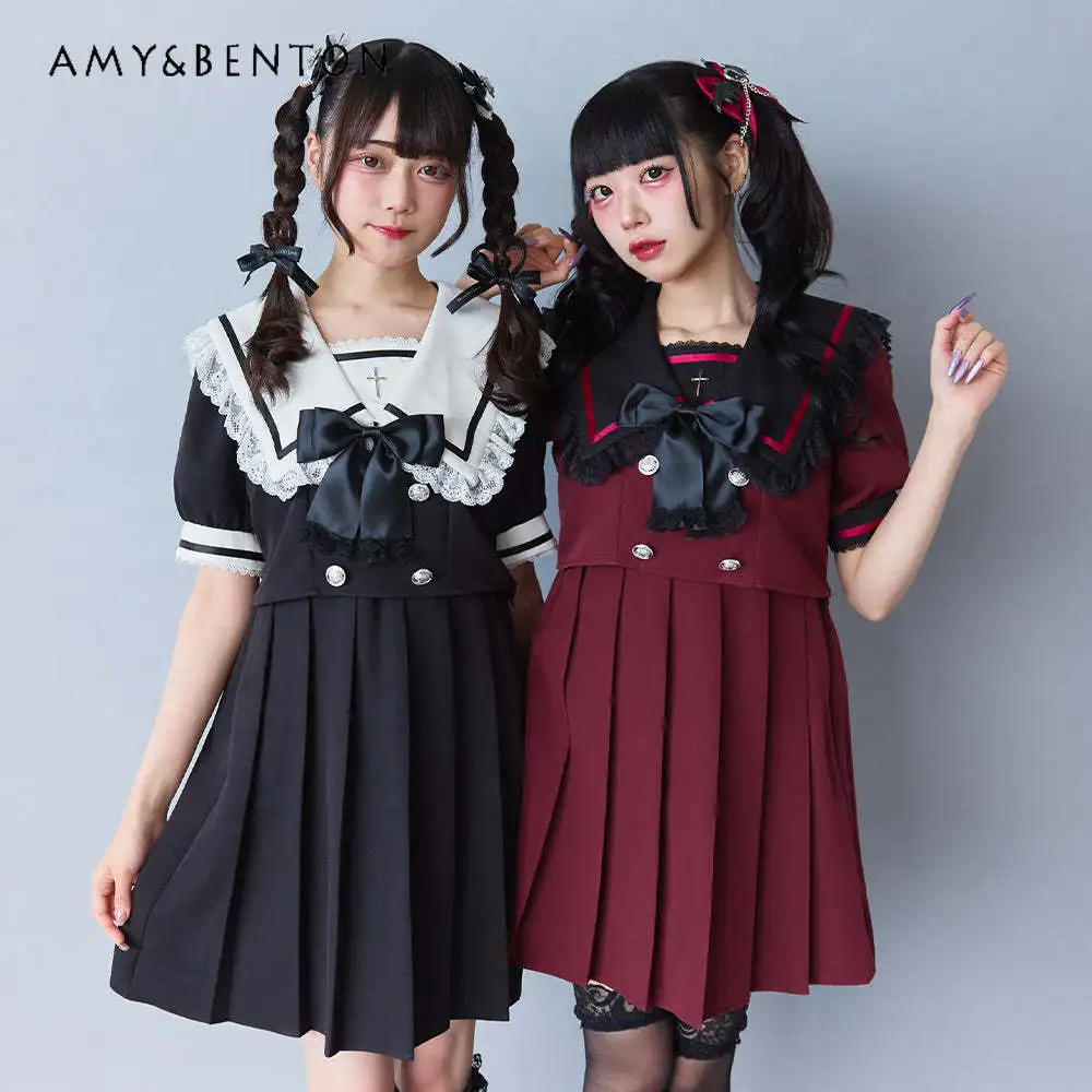 

Summer New Heavy Industry Japanese Mine Mass-Produced Lolita Dresses Sweet Bow Lace Sailor Collar Short Sleeve Slim Mini Dress