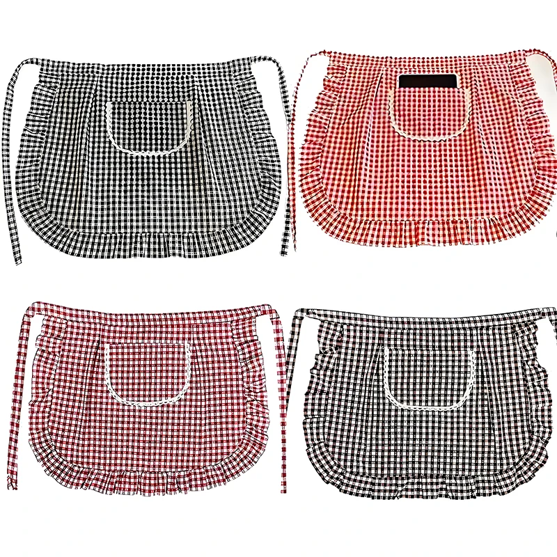 Apron Square Check Half Waist Apron Cotton Material Stain Resistant Breathable Home Cooking Work Clothes Kitchen Accessories