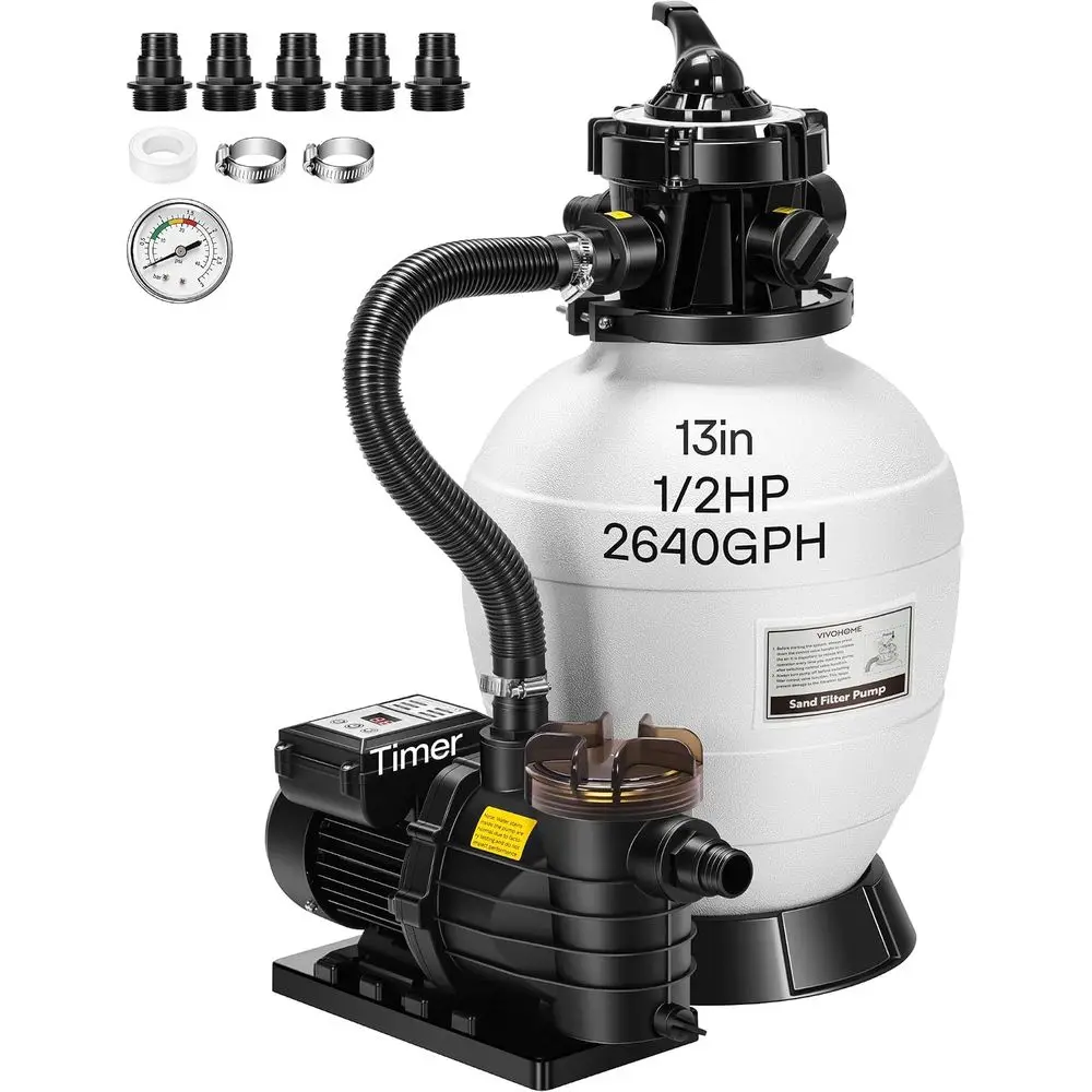 HOME Sand ilter Pump with 1/2 HP Motor, 2640 GPH w/Timer or in/Above Ground Pools up to 14,000 Gallons, 7-Way with 55-Pound Sand