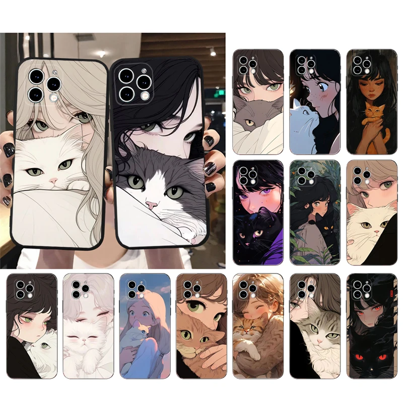 Anime Girl Woman Holding a Cat Phone Case For iphone 16 15 14 Pro Max 16 15 14 13 12 Pro 15Plus iphone 11