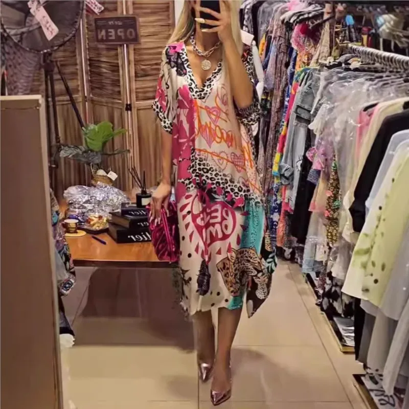Summer Fashion Color Matching Print Midi Dress For Woman Sexy V-neck Half Sleeves Foreign Style Vestidos Lady Casual Streetwear