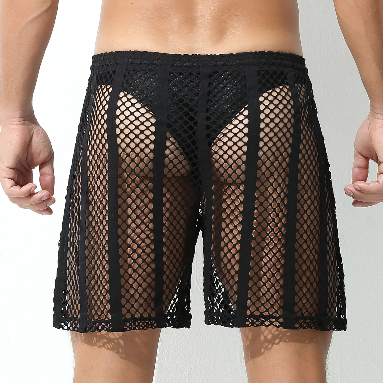 Men Boxers Mesh Sexy Underwear Hollow Lingerie Fishnet Sleepwear See Through Long Leg Boxer Shorts Underpants