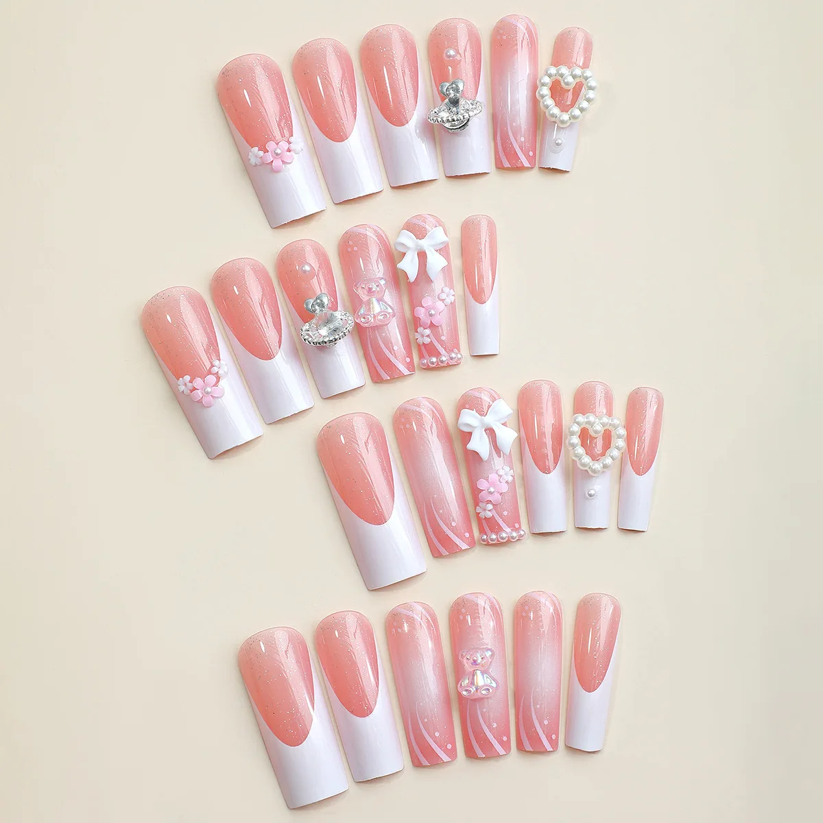 Mittellange künstliche Nagelspitzen mit 3D-Herz-Blumen-Design, Farbverlauf Lila-Rot, französische quadratische Ballett-Spitzen, Press-On-Set für künstliche Nagelkunst – Detail 18