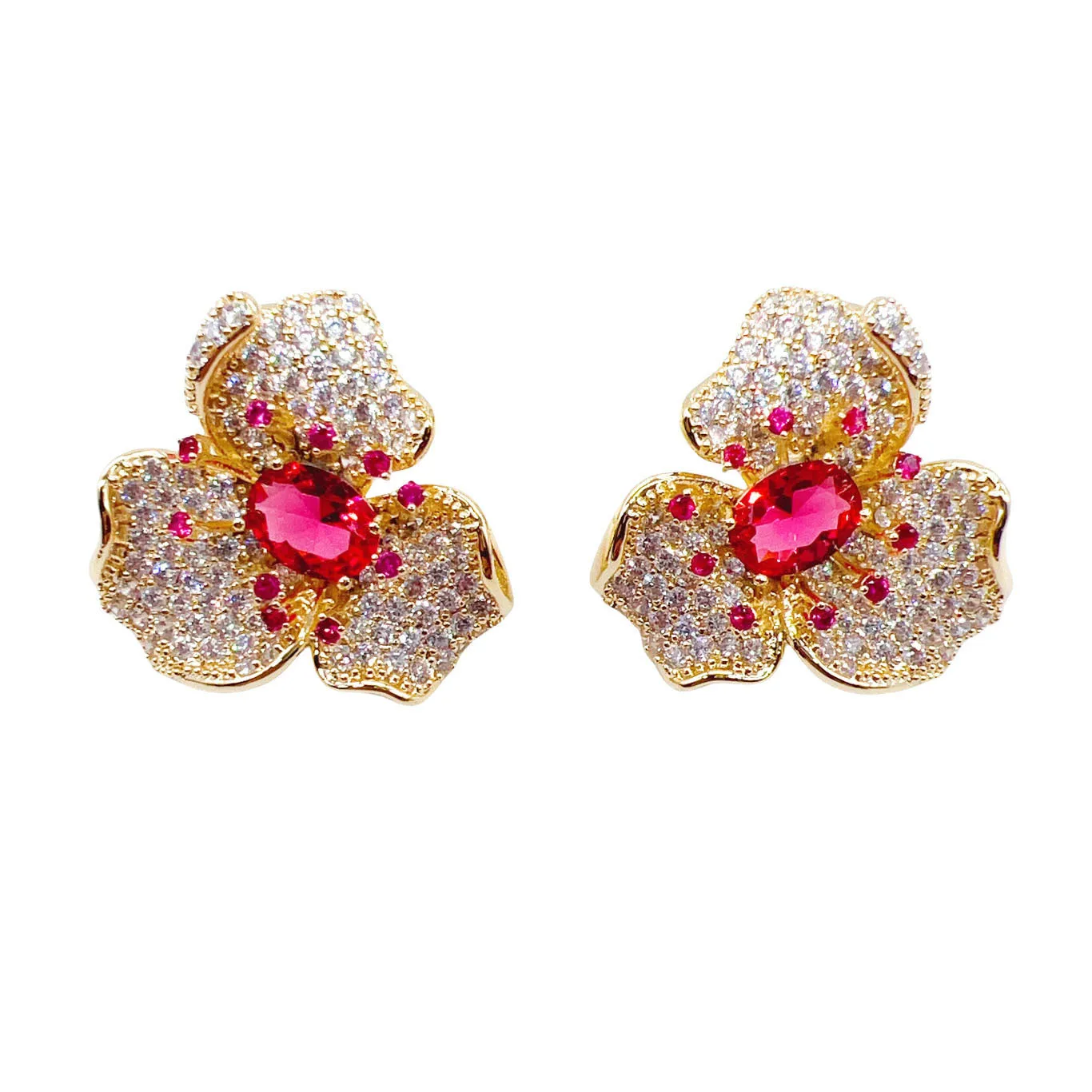 Red Blue Fushia Zircon Flower Stud Earrings for Women Wedding Bridal Evening Party Shiny Luxury Jewelry Female Gift Dropshipping