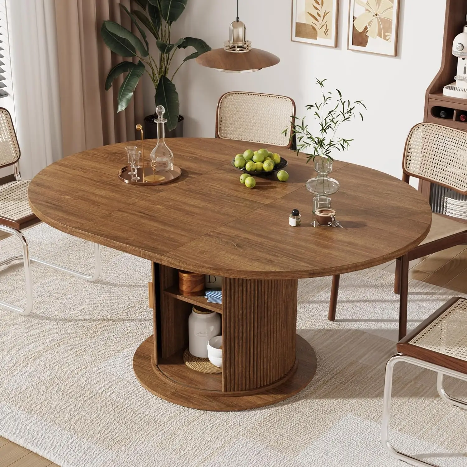 47-63in Extendable Round Dining Table for 4-8, Modern Kitchen Oval Dining Table with 2-Layer Storage Shelf, Wood, Customized