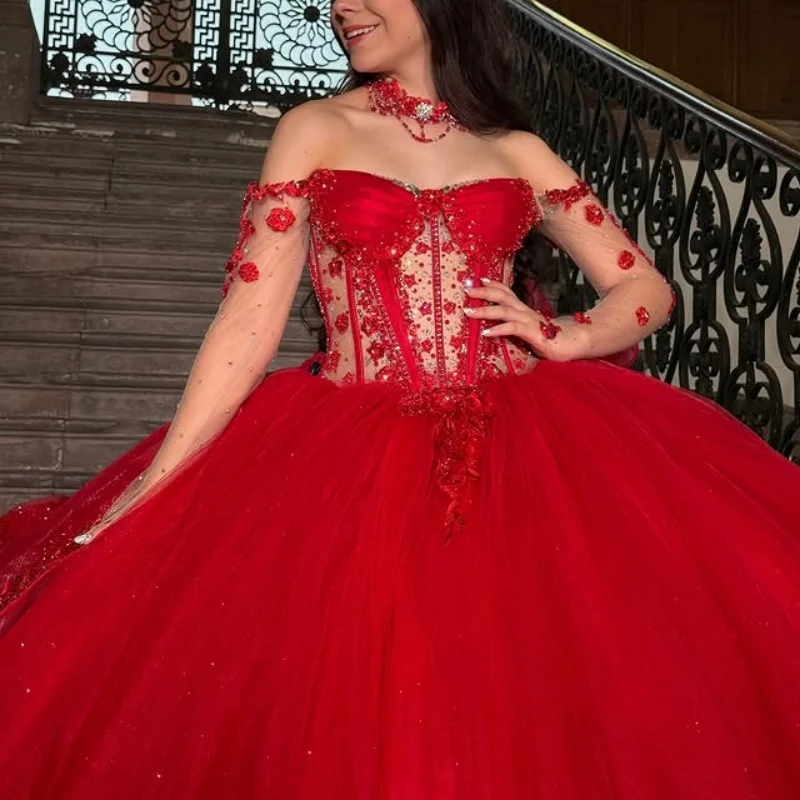 

Shiny Red Quinceanera Dress crystal glitter Decal Long tail beading Lace layering Bow Vestidos De 15 Quinceanera ﻿Customize