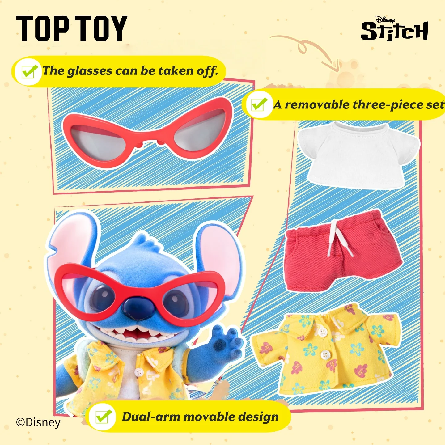 In Stock 2025 25cm New Genuine Cute Stitch Summer Series Large Vinyl Flocking Figurine Movable Arms Model Collectible Gift