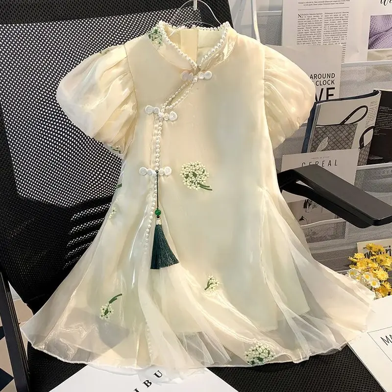 

Летнее платье-ципао для девочек, в китайском стиле, новое модное летнее платье принцессы для старших детей, шифоновое платье