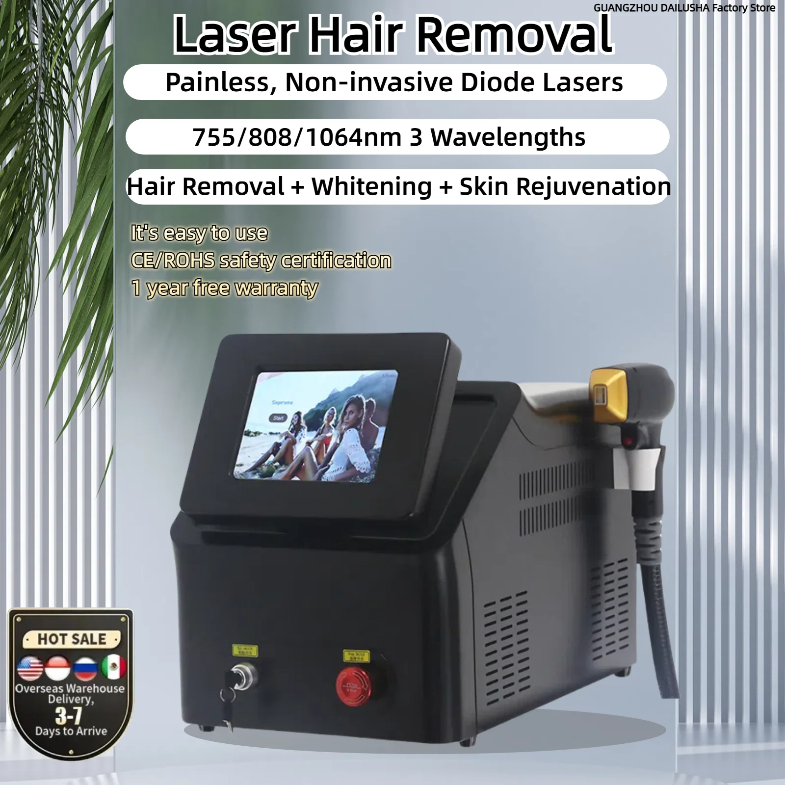 

HOT Portable 3 Wavelength 755nm 808nm 1064nm Diode Skin Rejuvenation Painless Machine 3500W For Salon /Permanent Hair Removal