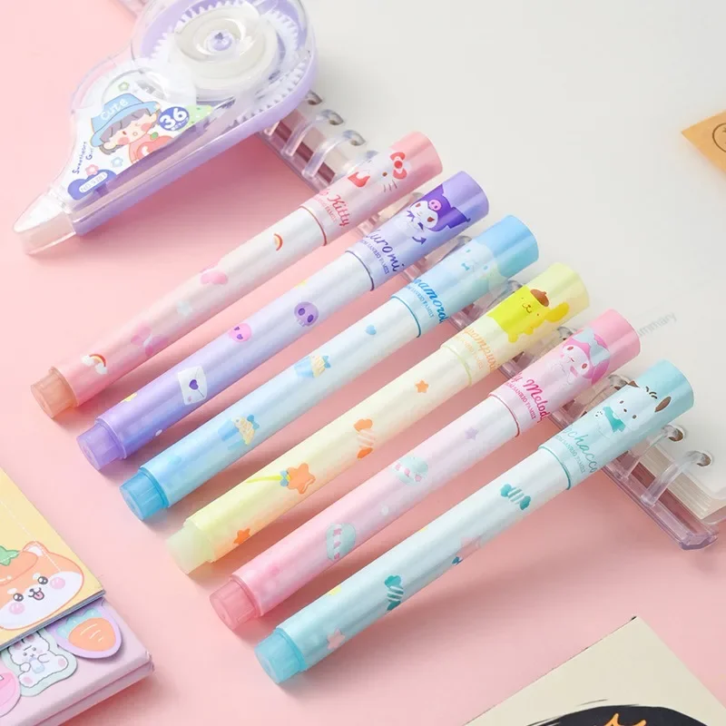 6Pcs Sanrio Hello Kitty Highlighter Pen Set Kawaii Kuromi Melody Cinnamoroll Art Fluorescent Markers Pens School Office Statione