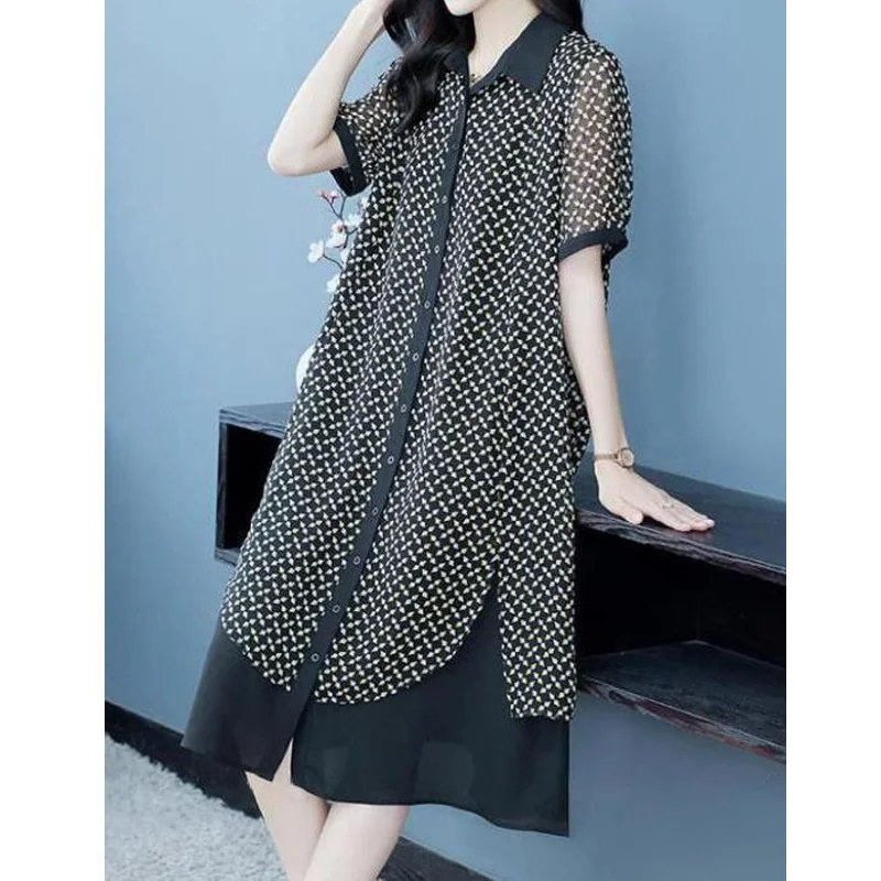 Summer New Chiffon Patchwork Midi Dress Short Sleeve Polo Neck Printing Loose Plus Size Dresses Fashion Vintage Women Clothing