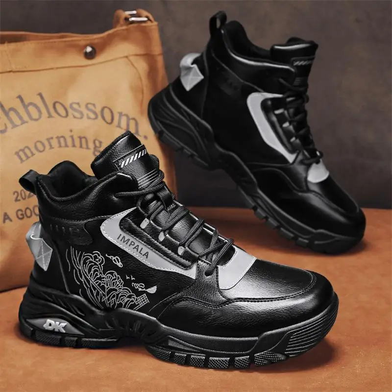 

Mens High Top Sneakers Fashion Leather Casual Shoes Lace Up Ankle Boots Plush Warm Winter Shoes for Men Non Slip Hiking Footwear