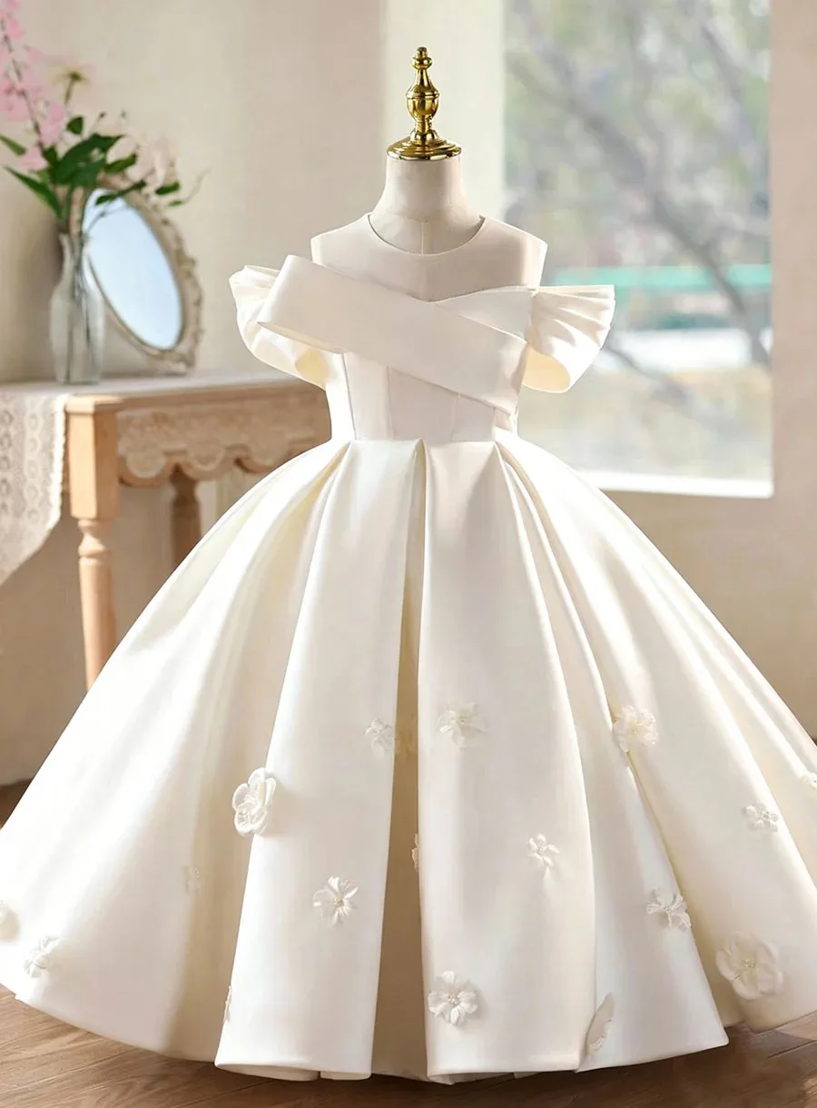 

Elegant Children's Ivory Satin Flower Girl Dress Asymmetrical Off Shoulder 3D Flower Formal Wedding Dress Girls A Line Pageant