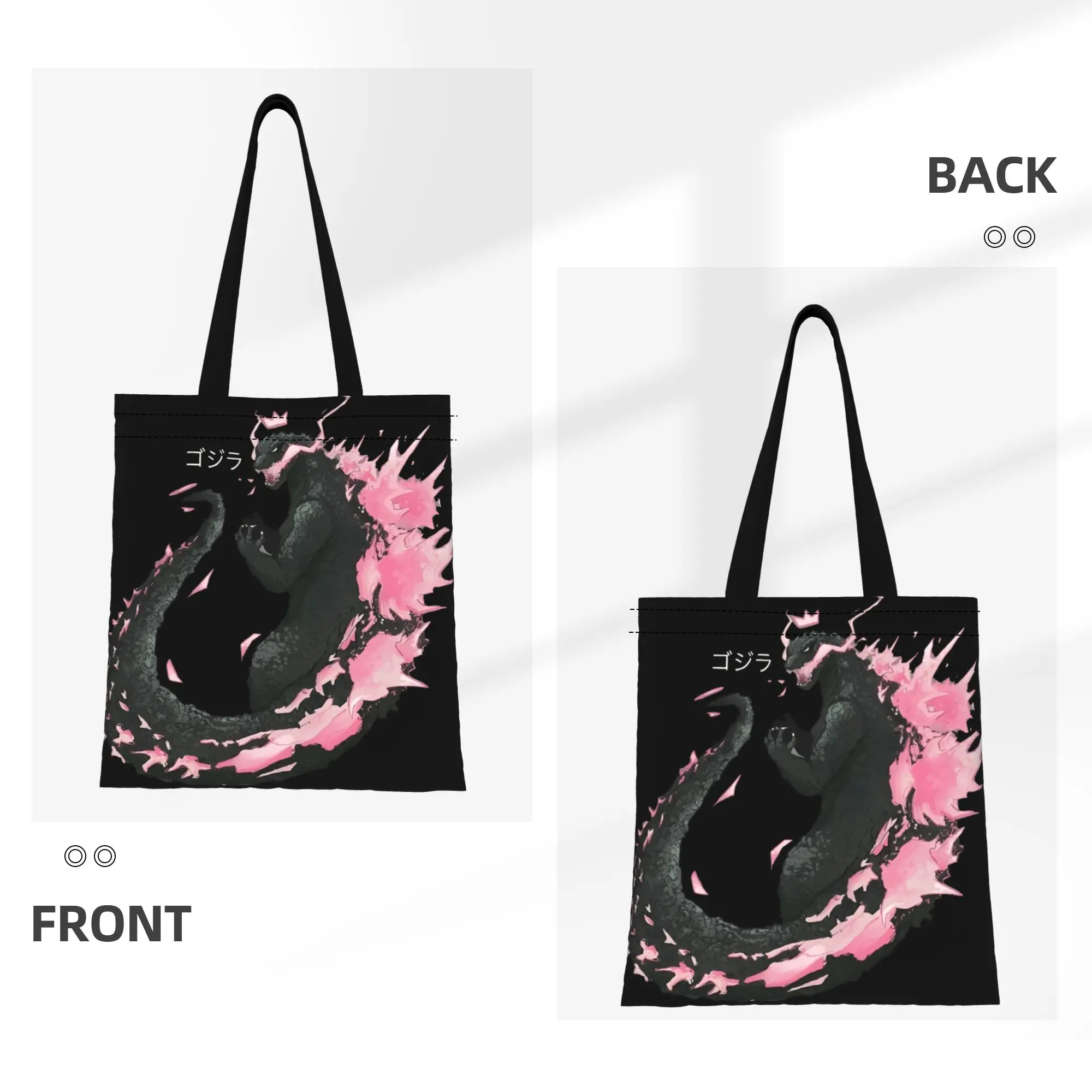 1PC Large Capacity Pink Spine Godzilla Canvas Tote Bag Foldable Chic Pattern No Closed Design