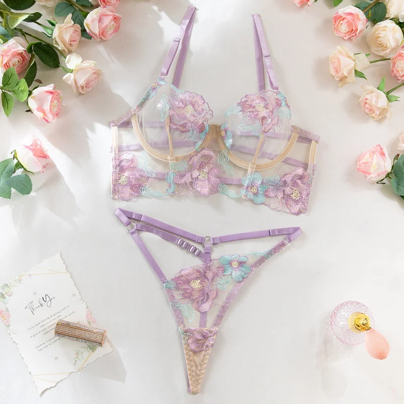Bikini Embroidered Sexy Lingerie Color-Block Bra See-Through Set