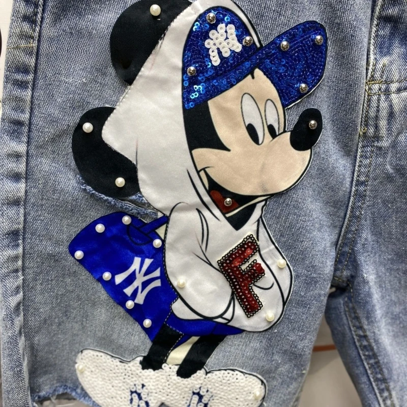 Dames zomer Europese stijl zware Mickey patch kralen noodlijdende denim shorts losse rechte pijpen knielange broek
