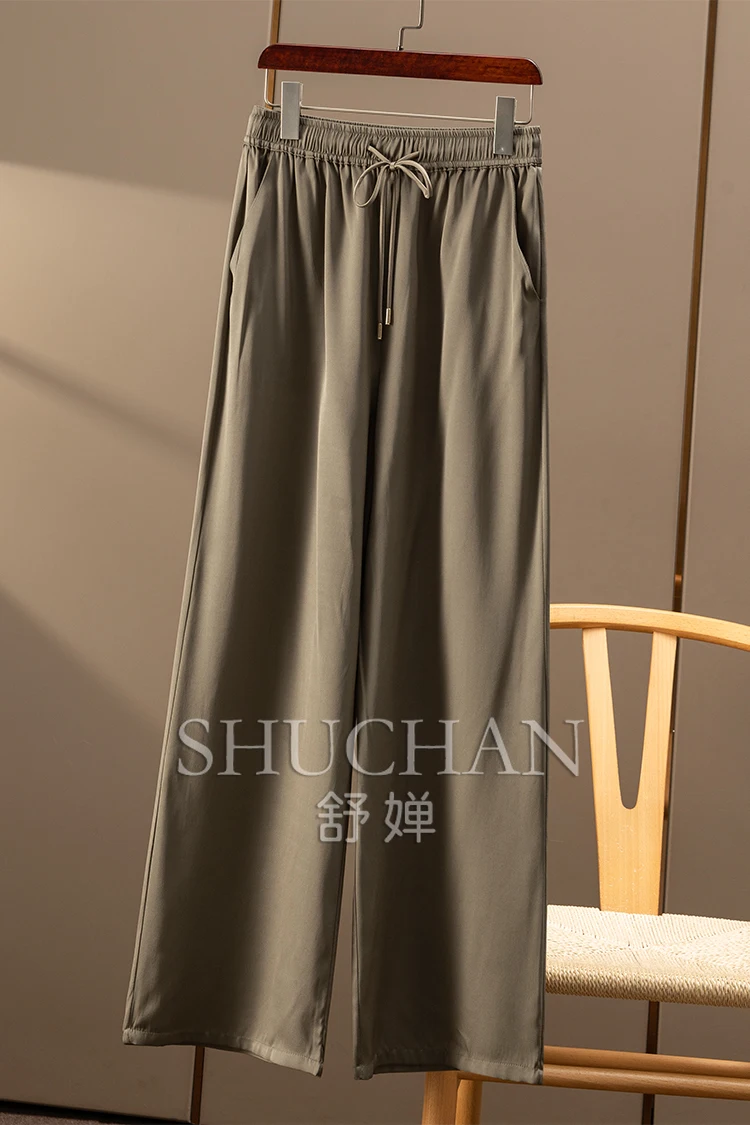 가벼운 럭셔리 통근, 무거운 탄성 실크 더블 조 탄성 허리 스트레이트 와이드 레그 팬츠 여성 8W90