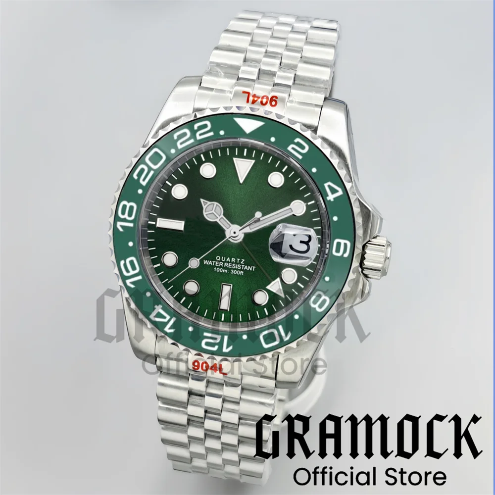 Gramock 40MM GMT Watch For Men Sky Blue Ceramic Bezel Steel Oyster Strap Men's Watches Sapphire Glass Waterproof Reloj Hombre