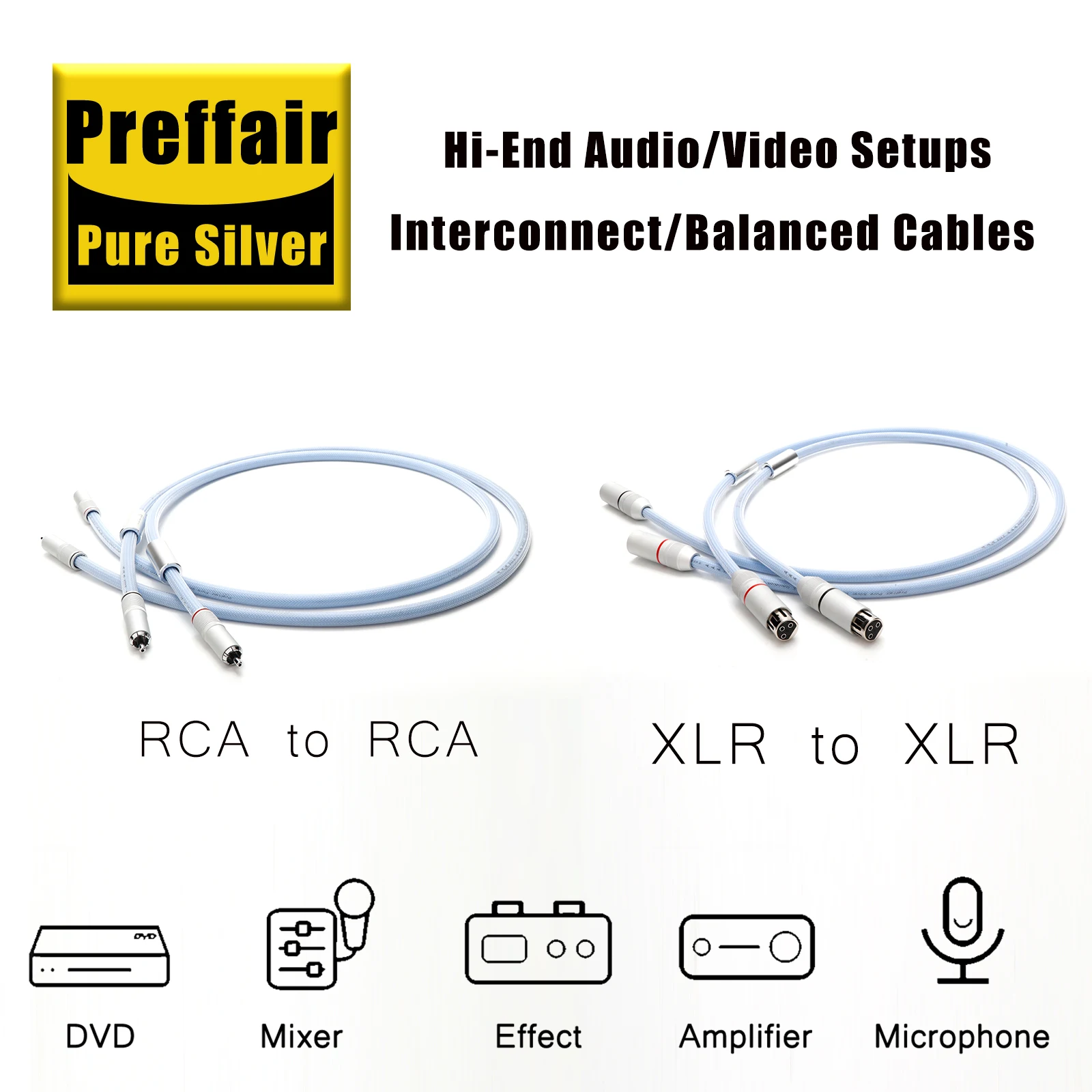 Preffair X458 XLR/RCA Interconnect Wires 1 Pair HiFi 4N Pure Silver Audio Cable 99.998% Ag, PTFE Insulation for AMP/CD/Mixer