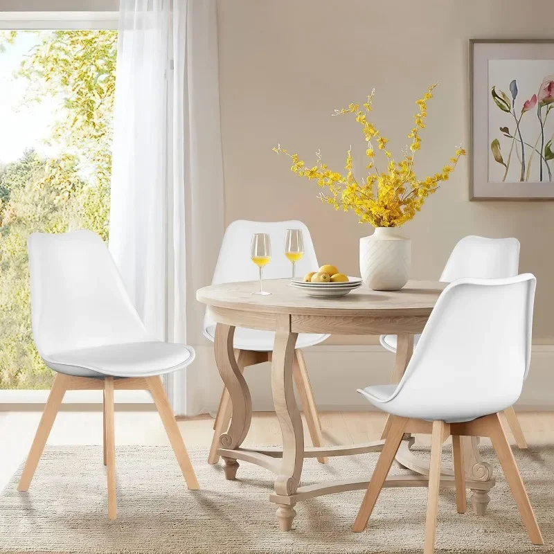 Dining Chairs Set of 4, Mid-Century Modern Dining Chairs with Wood Legs and PU Leather Cushion, Kitchen Chairs