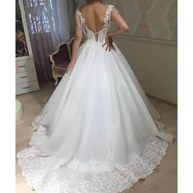 Vestido De Noiva Lace Appliques Wedding Dress Crystal Tassel Corset Summer Backless Weddings Gowns robe mariee