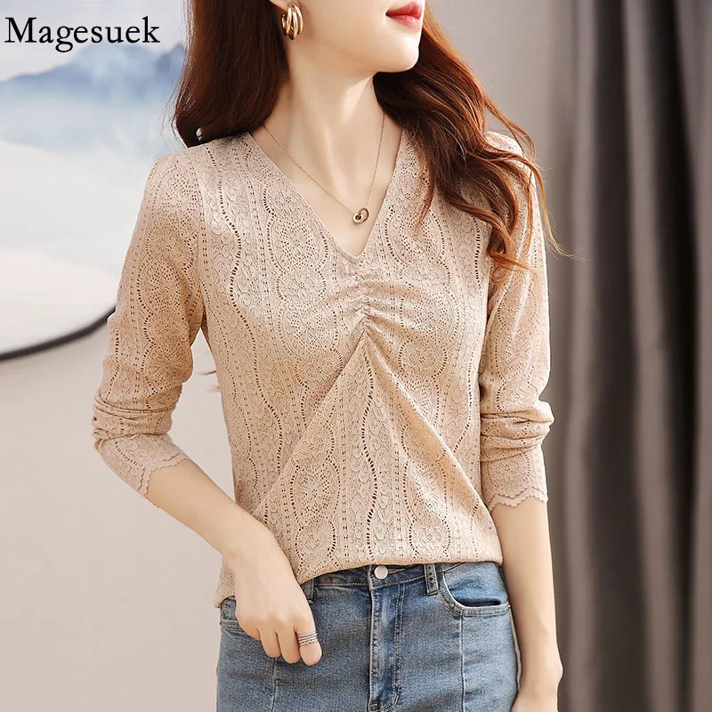 

Spring Elegant Lace Blouse Korean Fashion Women V-neck Long Sleeve Tops Female 2022 Hollow Out Pleated Slim Ladies Shirt 19342