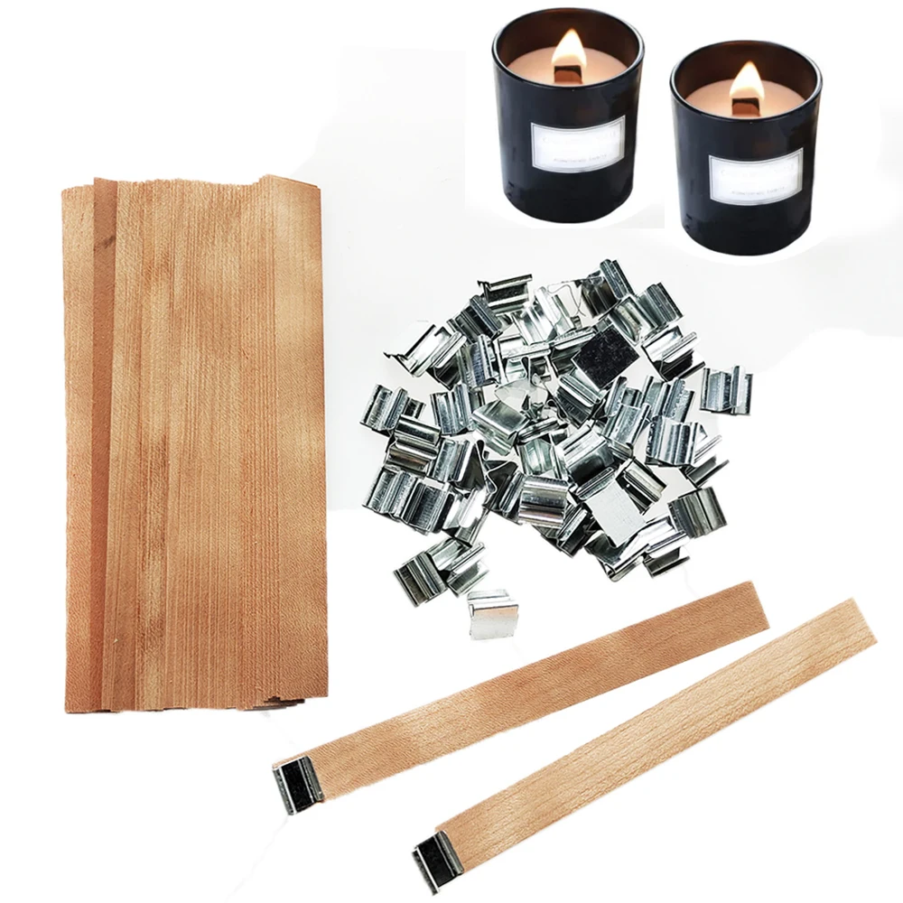 

50pcs Wooden Candle Wicks Candle Making Set Wicks with Clip Base Naturally Smokeless Wood Core for DIY Candle Jar Making Tools