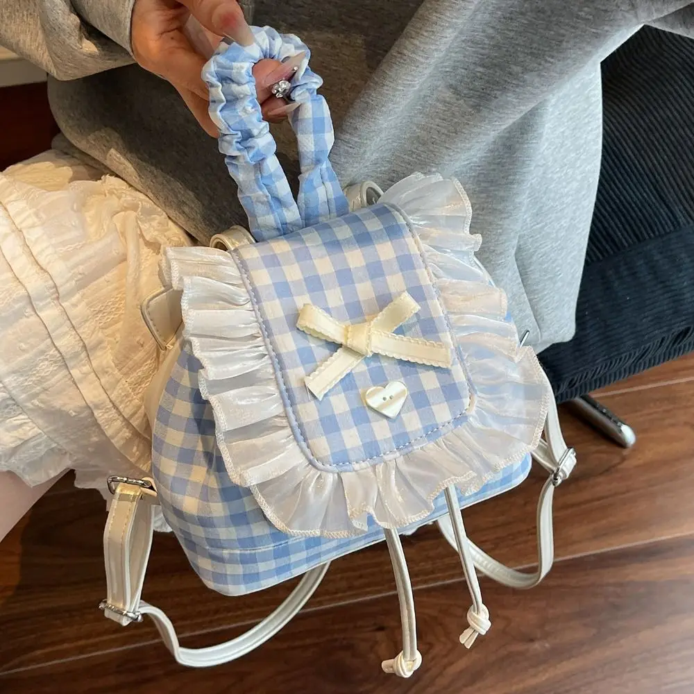 

Casual Korean Style Lace Plaid Backpack Canvas Commute Cherry Backpack Travel Book Bag Bow Shoulder Bag College